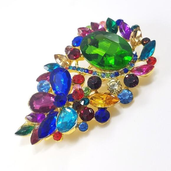 Large Multicolored Rhinestone Gold Tone Brooch, Jewel Colors, 3 Inches - Picture 2 of 5